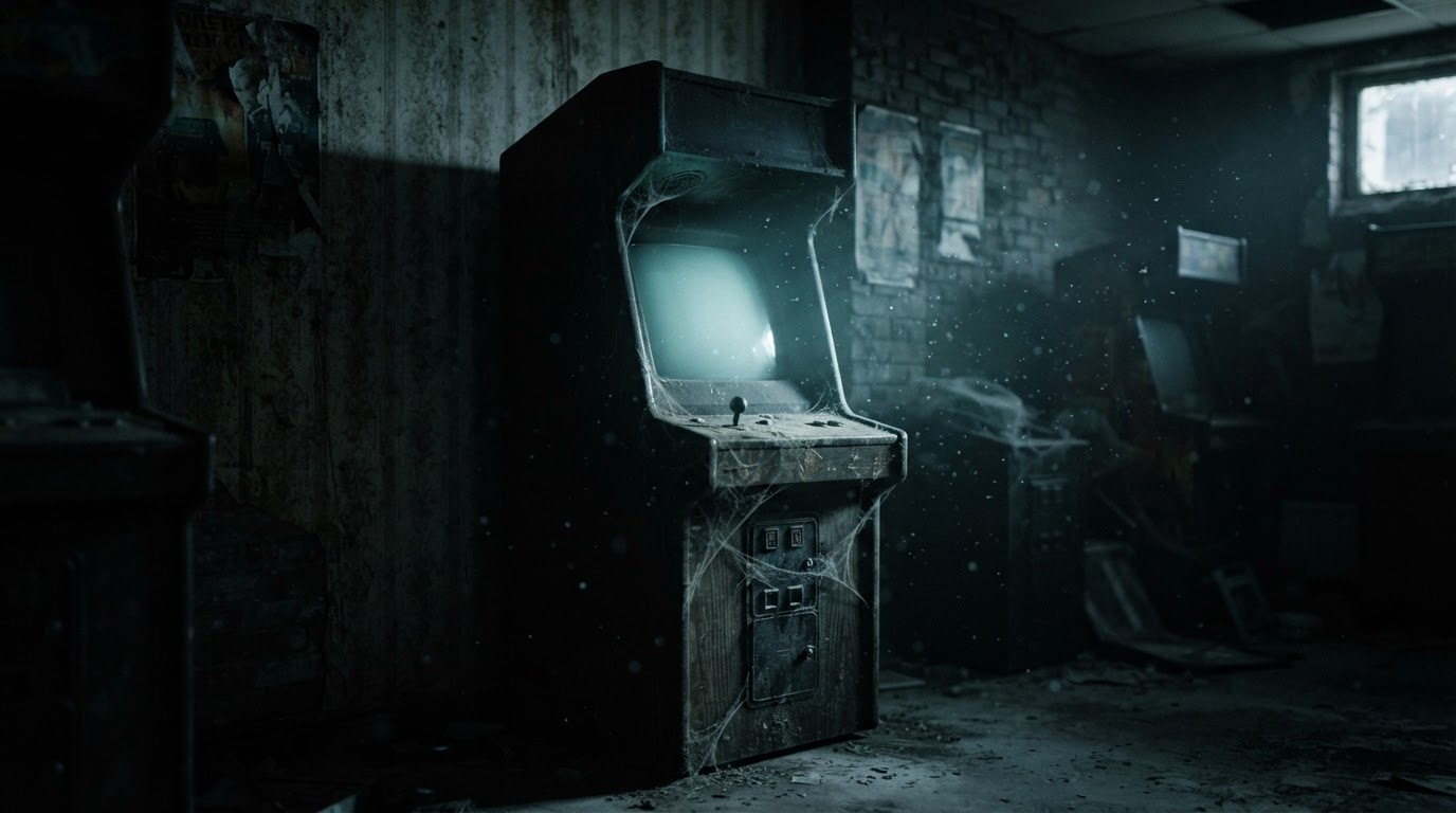 A dusty, empty corner of an old arcade, one unmarked dark cabinet shrouded in shadow, cold light from an unseen screen, no text (AI-generated image)