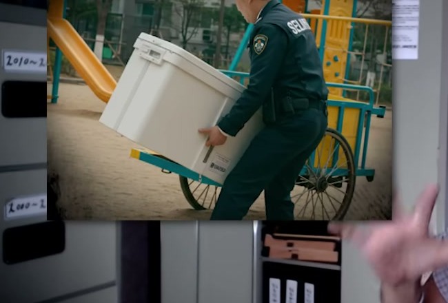 搬運保冷箱的偵查重現場景。(事件相關的電視畫面)
