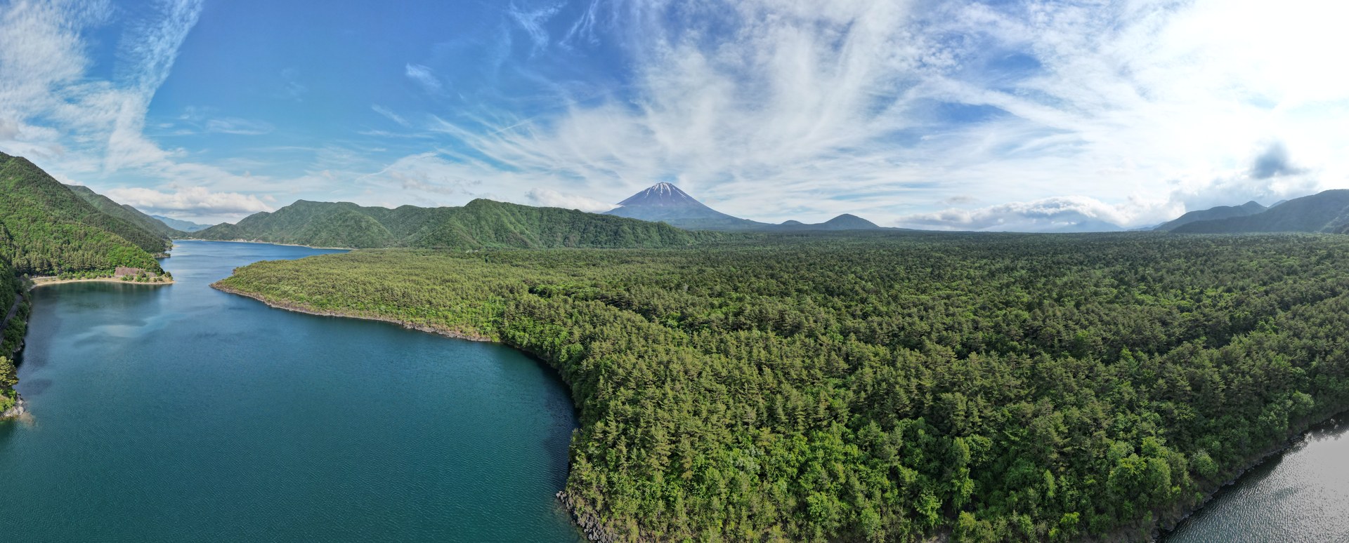 Lake Saiko and Aokigahara from the air. All the green beyond the water is the forest.