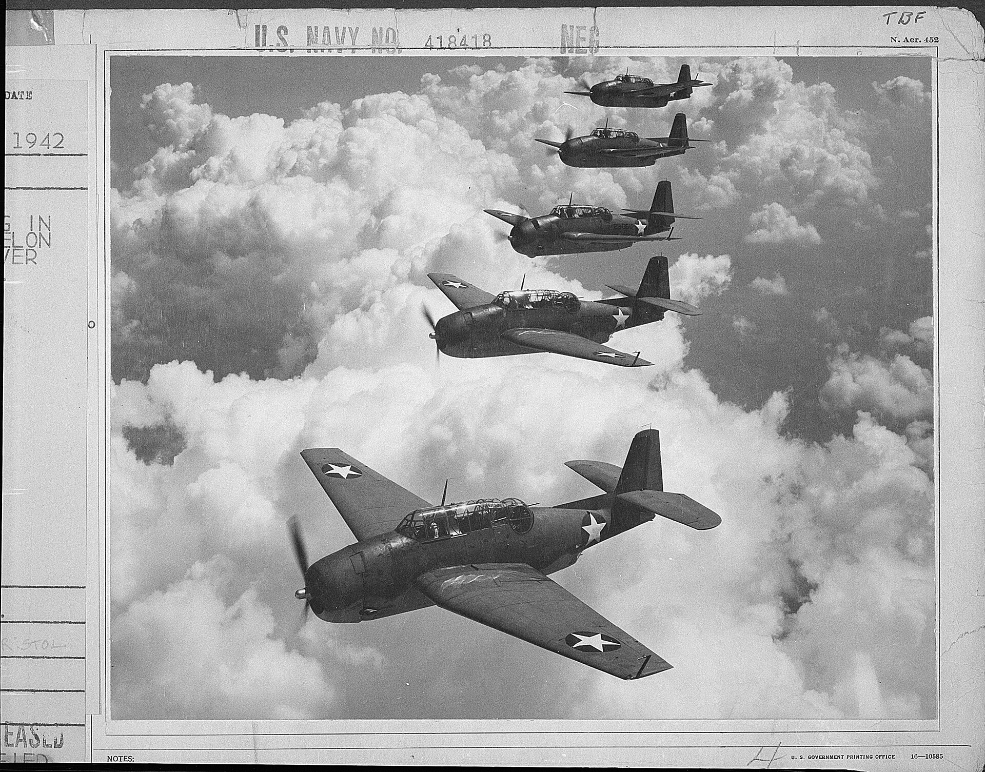 TBF Avengers holding an echelon formation over Norfolk, Virginia — an official US Navy photograph showing how these aircraft flew together in the years Flight 19 vanished.