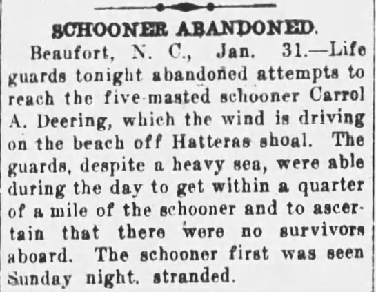A newspaper page dated 1 February 1921 headed SCHOONER ABANDONED, reporting that rescuers reached the ship and found no one aboard