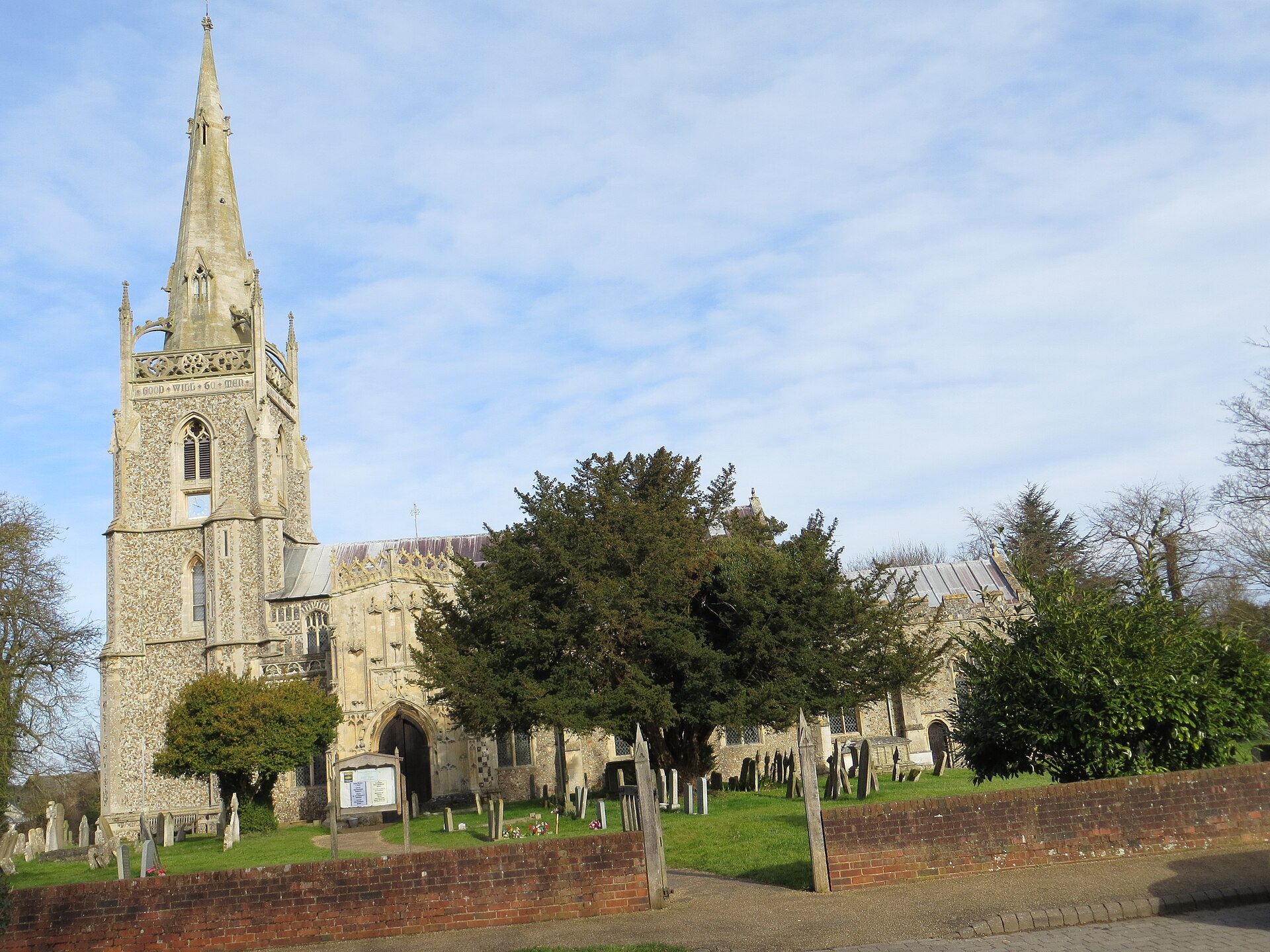 The Church of St Mary at Woolpit today, spire and all — the parish church of the village