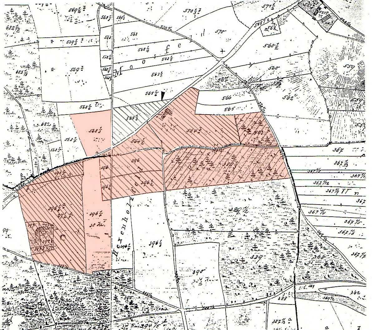 A land-survey map of the Hinterkaifeck plot, backed by woodland and set apart from the nearest hamlet. (Royal Bavarian Survey Office / Public domain)