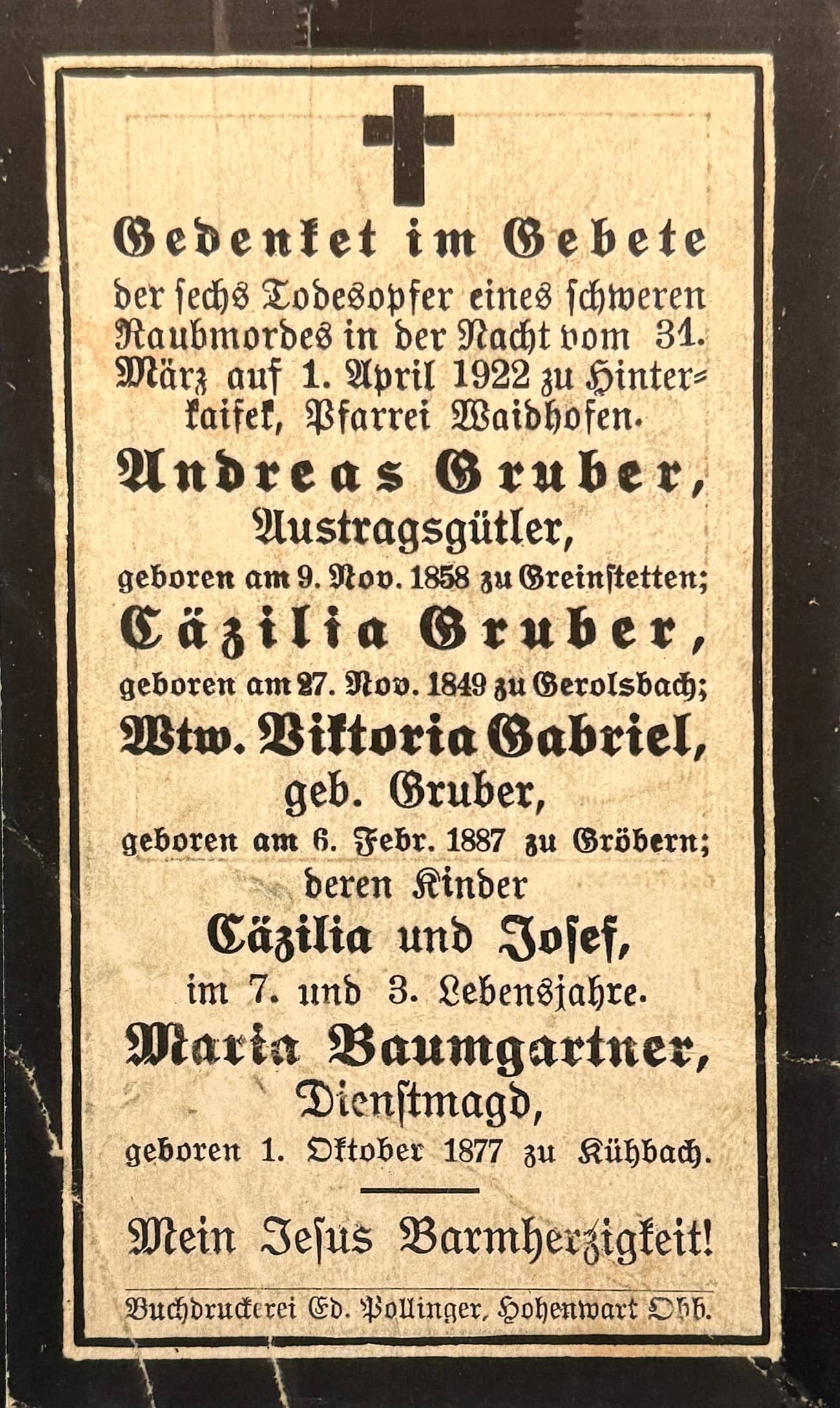 The six victims of Hinterkaifeck, named together on a memorial death card. (Burkhard Mücke / CC BY-SA 4.0)