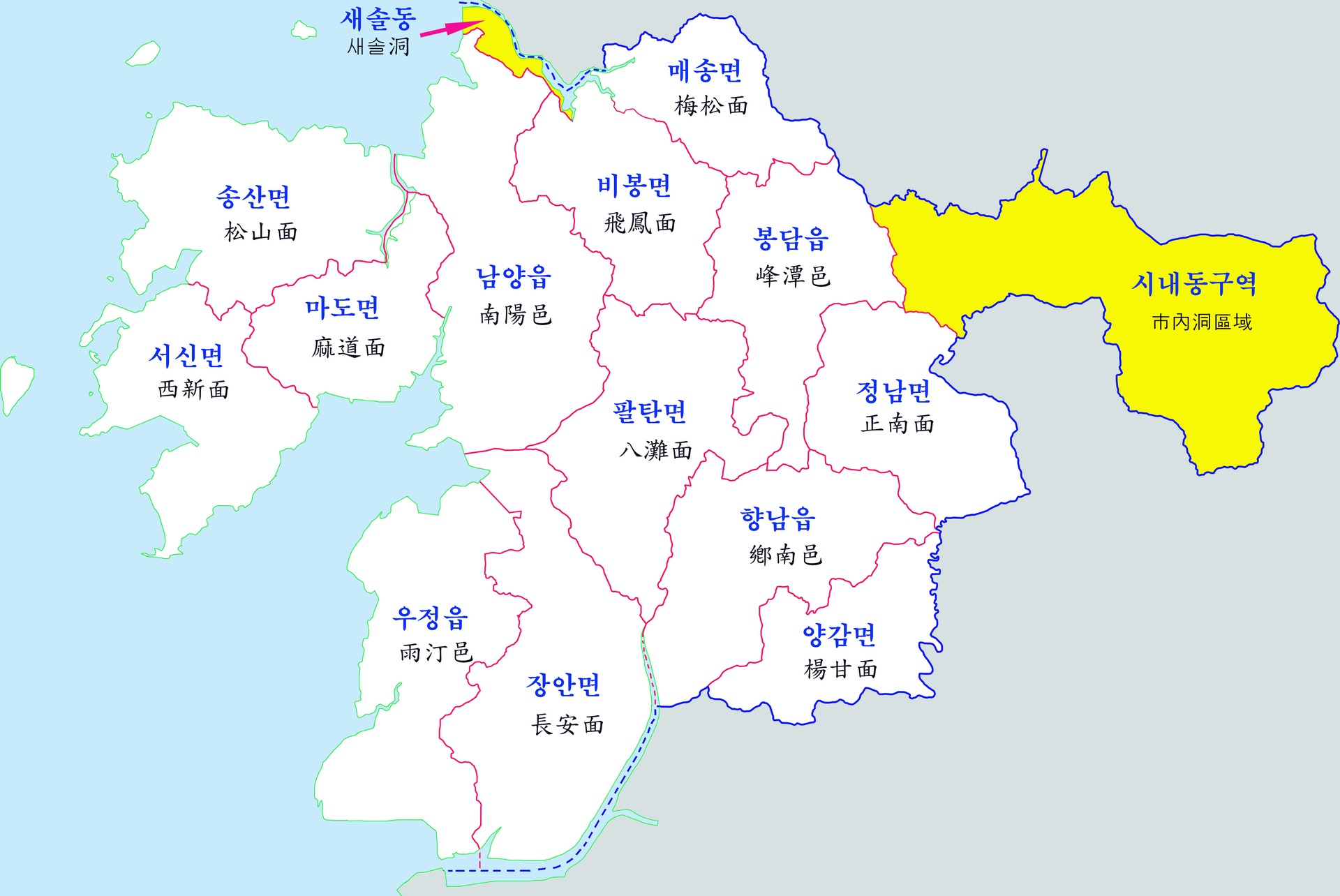 경기도 화성시 지도 - 1986~1991년 사건이 일어난 지역의 지형