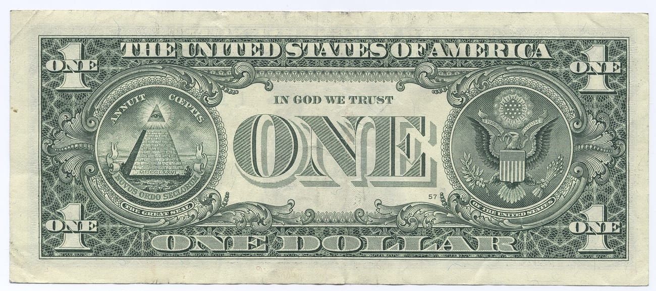 The reverse of the U.S. one-dollar bill, carrying both faces of the Great Seal. (U.S. Government / Public domain)
