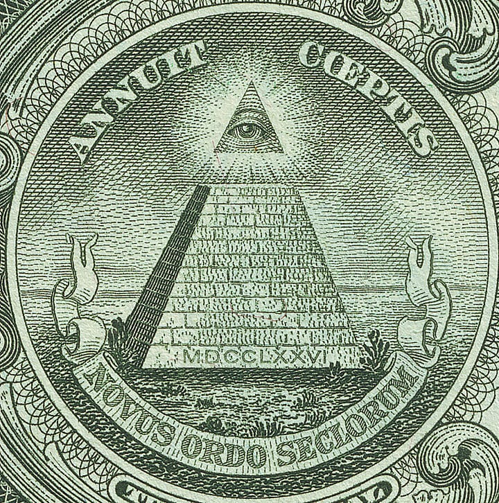 The pyramid and all-seeing eye of the Great Seal's reverse, printed on the dollar. (Public domain)