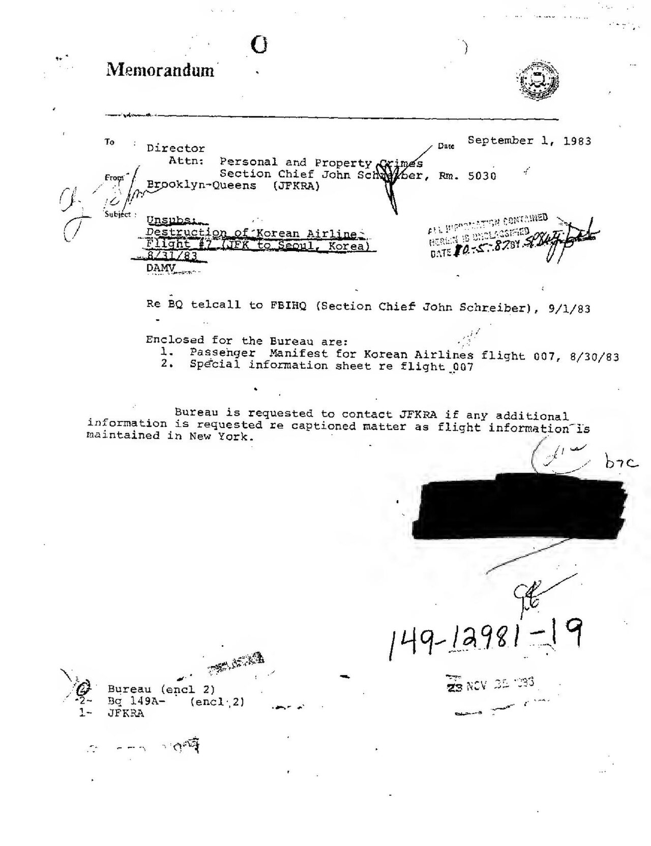 1983年9月1日付で作成されたFBIの機密解除メモ — KAL007の搭乗者名簿が添付されている