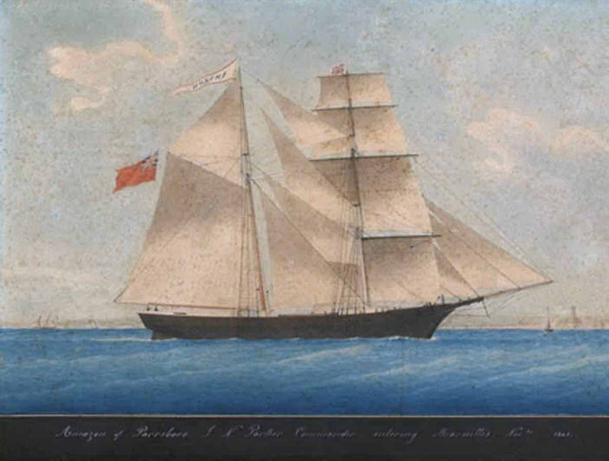 원래 이름인 '아마존'으로 불리던 시절, 1861년에 그려진 이 배 — 훗날 메리 셀레스트로 개명되었다. (퍼블릭 도메인)