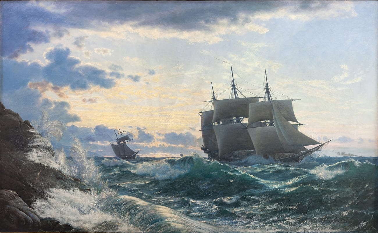 「폭풍 다음 날 아침 해안을 벗어나는 배들」(Carl Rasmussen, 1878) — 일부 가설이 지목하는 대서양의 날씨. (퍼블릭 도메인)
