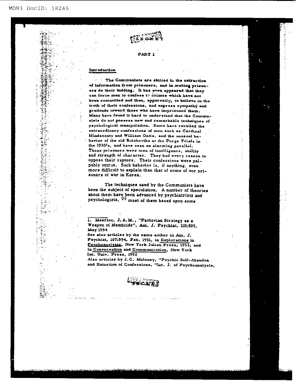 기밀 해제된 CIA 'SECRET' 문서의 서문 — 공산권의 자백 강요와 심리 조작 기법을 분석한 대목으로, MK울트라를 낳은 냉전기의 공포가 문서 그대로 남아 있다. (US Central Intelligence Agency / Public domain)