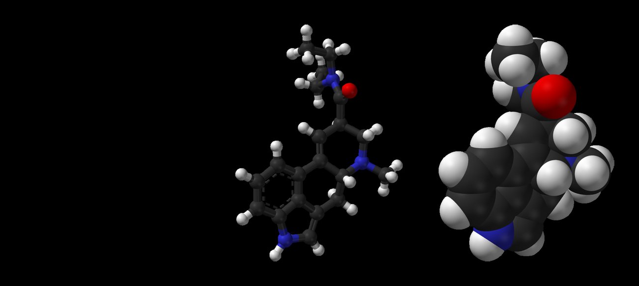 분자로 표현한 LSD. 기밀해제 기록은 안가에서 요원들이 일방 거울로 지켜보는 가운데 투여가 이뤄졌다고 적고 있다. (Ben Mills / Public domain)
