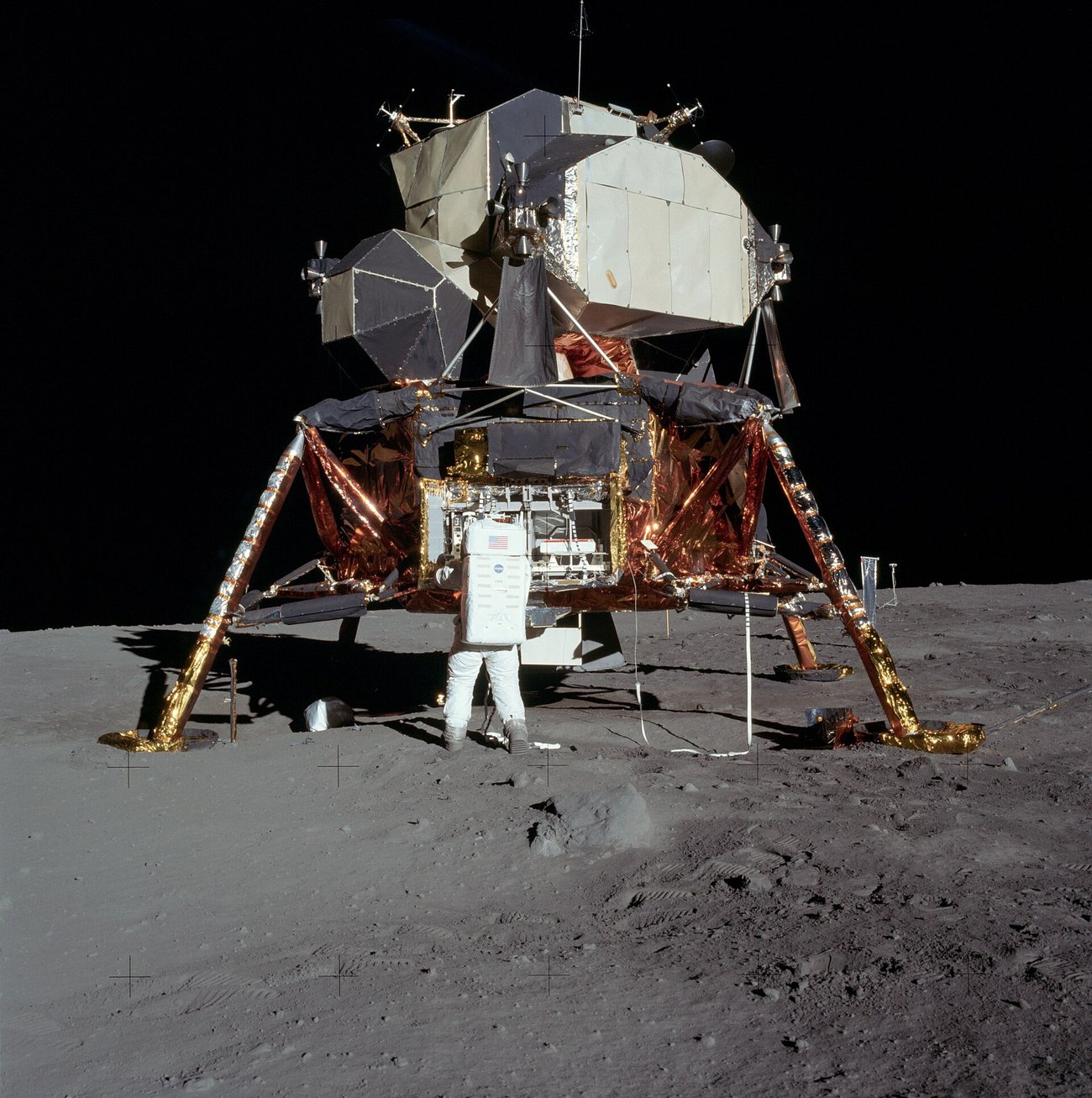 The Apollo 11 Lunar Module Eagle on the surface — its descent stage is still there, photographed from orbit decades later. (Neil Armstrong / Public domain)