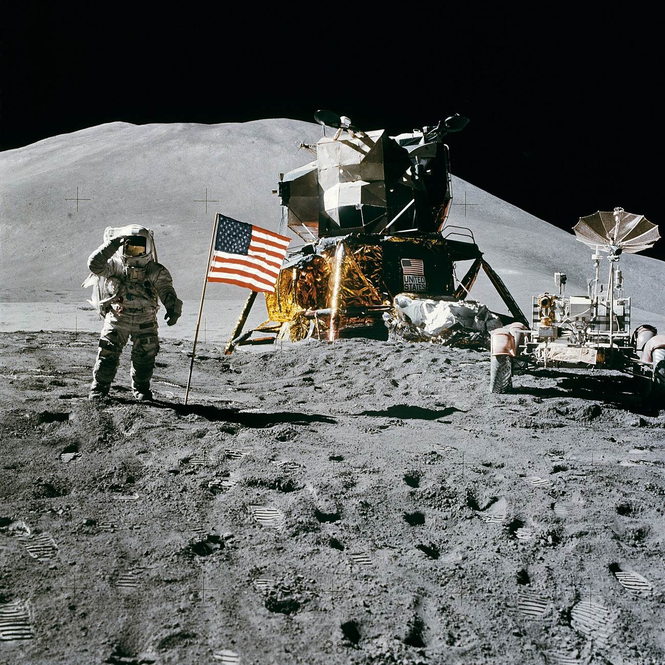 A later Apollo mission (Apollo 15): flag, lunar rover and lander together on the surface. (Public domain)