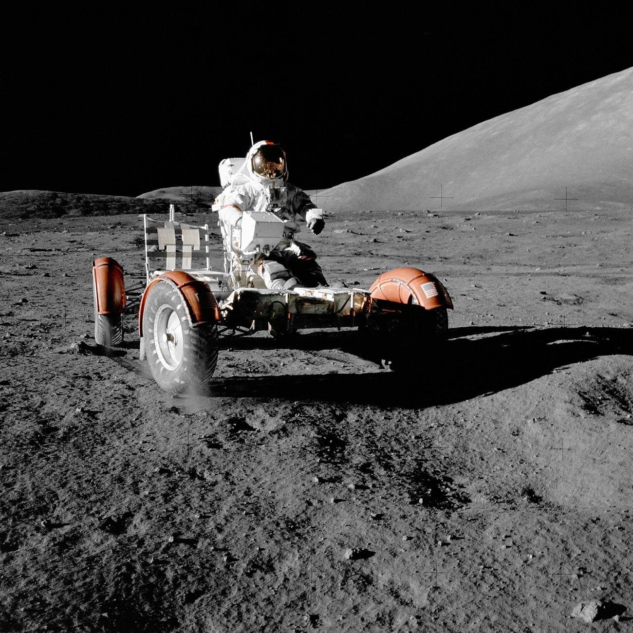 The lunar roving vehicle of Apollo 17 — six crewed landings, hundreds of thousands of workers, and no credible confession in 55 years. (NASA / Harrison H. Schmitt / Public domain)