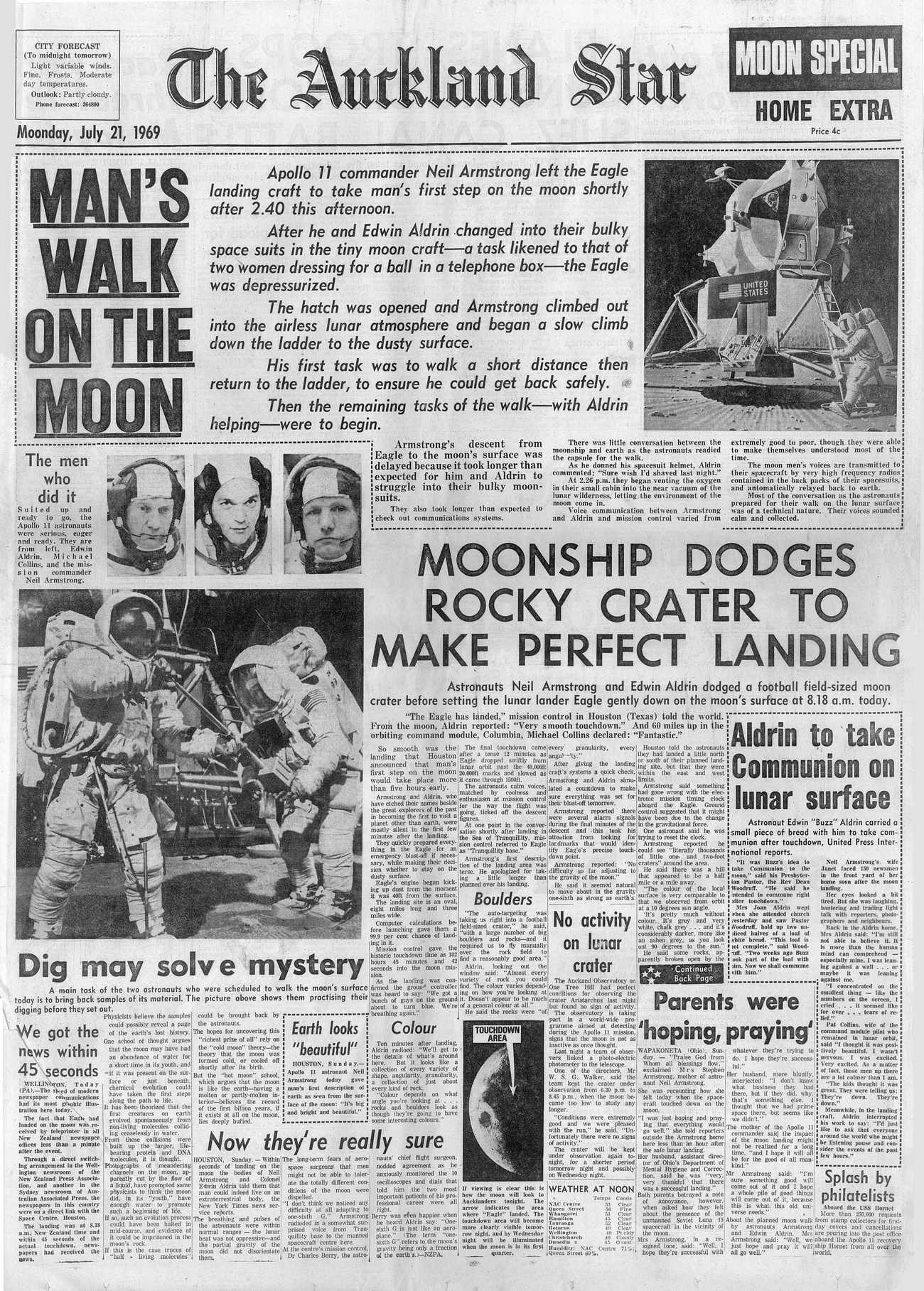 "MAN LANDS ON MOON" — the Auckland Star front page. The whole world watched in real time, including a Soviet enemy that never once cried "fake." (André Richard Chalmers / Public domain)