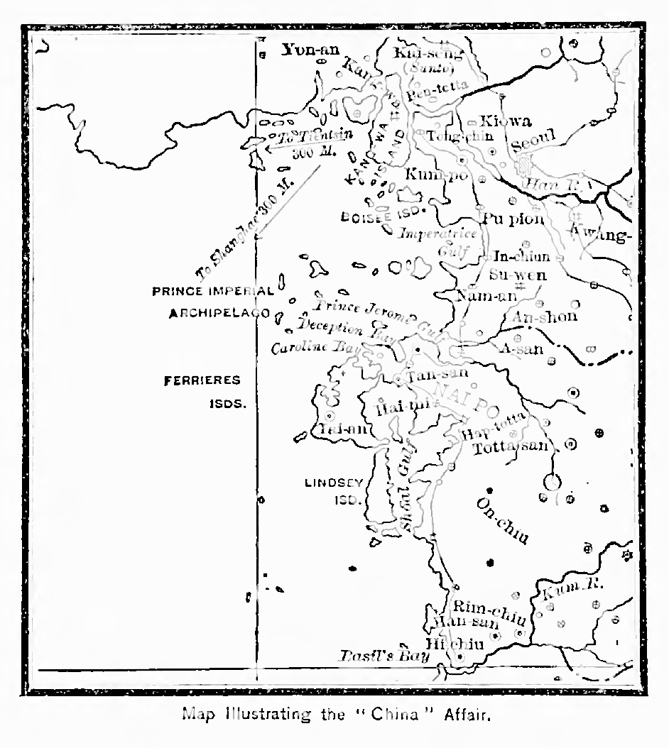 格里菲斯（1897年）所刊載的當時朝鮮地圖 — 奧佩爾特一行泊船登陸的黃海沿岸一帶