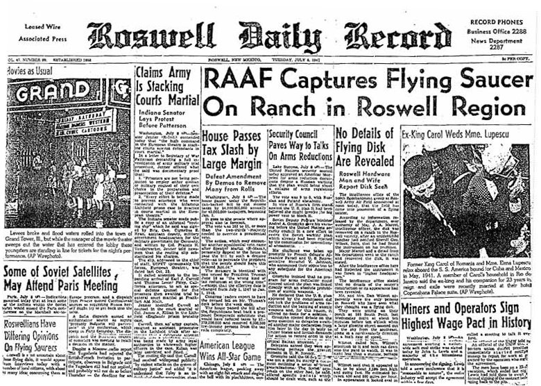 통신망을 타고 미국 전역의 헤드라인을 장식한 로즈웰 데일리 레코드의 제목. (Roswell Daily Record / Public domain)