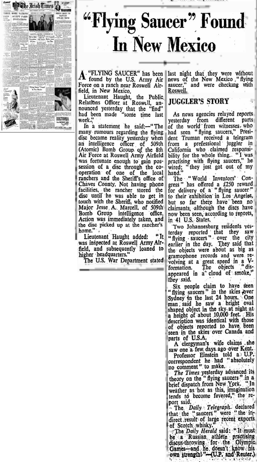 해외 신문까지 실었다 — 1947년 7월 9일 아이리시 타임스의 "비행접시" 보도. (Irish Times, 1947 / CC0)