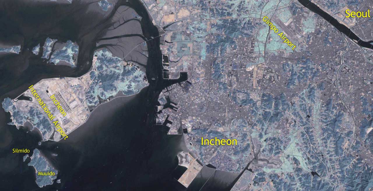 顯示實尾島、舞衣島、仁川與首爾之間位置關係的衛星地圖(NASA World Wind)