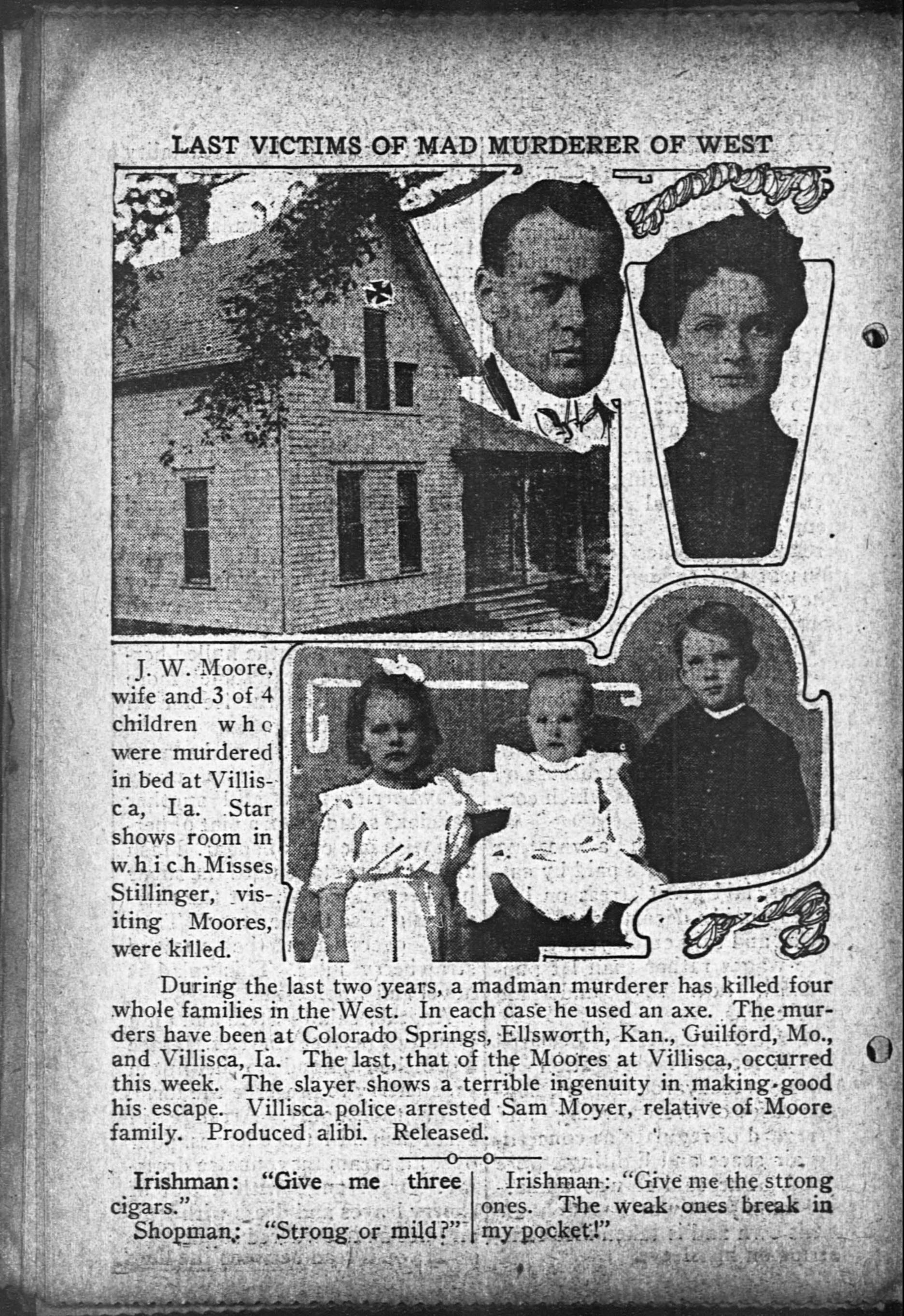 사건 나흘 뒤인 1912년 6월 14일자 시카고 「데이 북」 지면 — 무어 부부와 세 아이의 사진, 그리고 그 집이 함께 실렸다