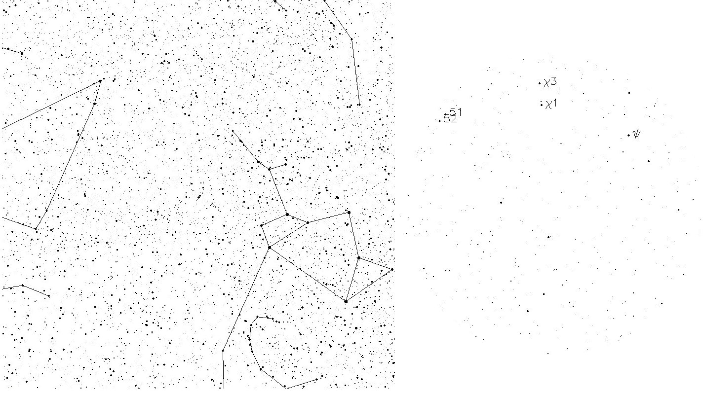 ワウ！シグナルが飛来したいて座方向の実際の星野写真。発信源として絞り込まれた二つの候補位置は、いずれもこの星野のなかにある