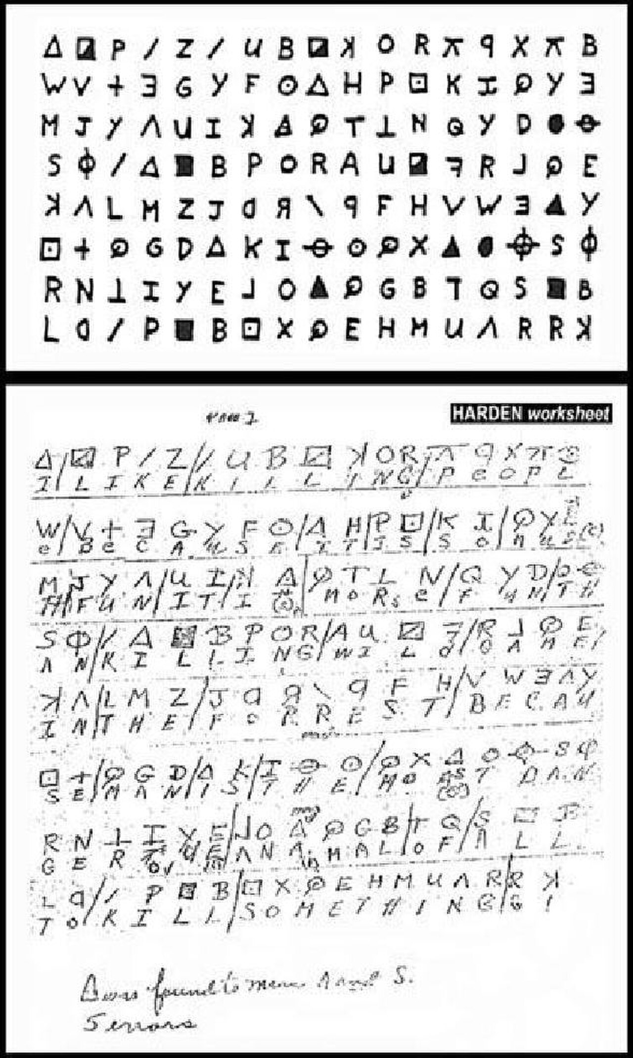 The original worksheet on which Donald and Bettye Harden broke Z408 — the hand-filled letter substitutions that led them to the opening line, "I LIKE KILLING PEOPLE"