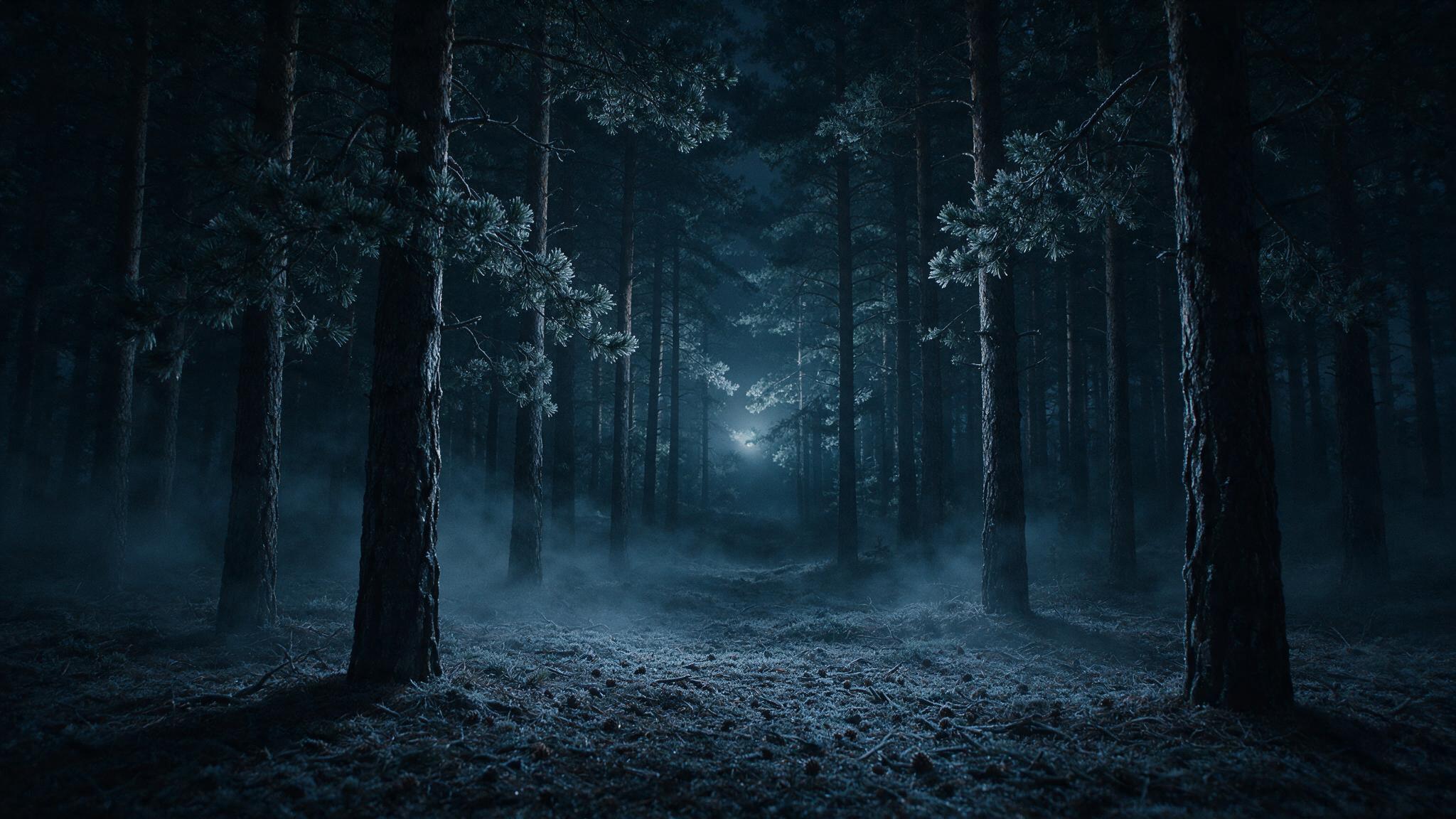 A misty pine forest at night, cold blue darkness, a faint unexplained glow deep among the trees (AI-generated image)