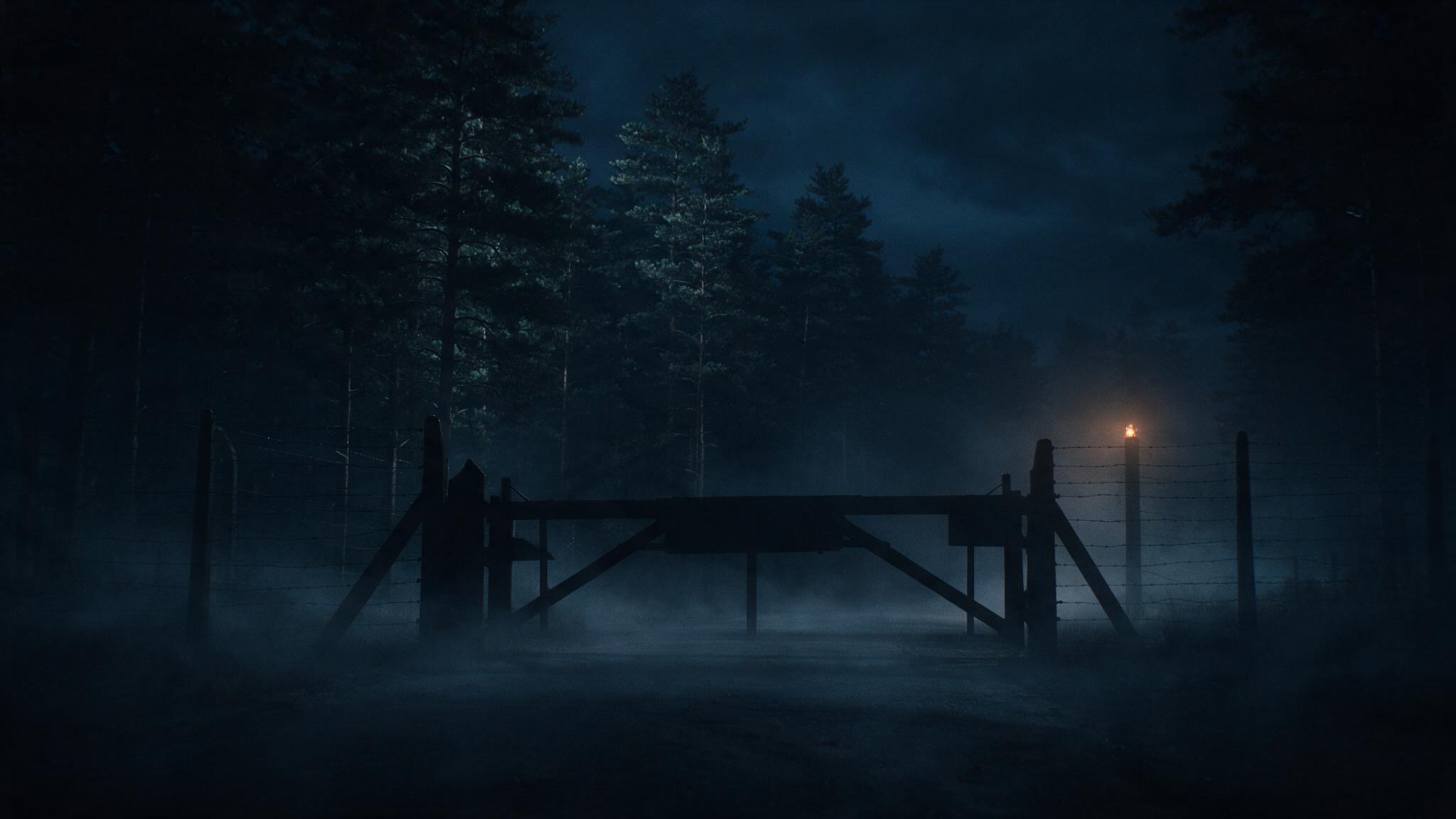 The silhouette of a military base gate at night, cold fog, a distant warning light, no legible signage (AI-generated image)