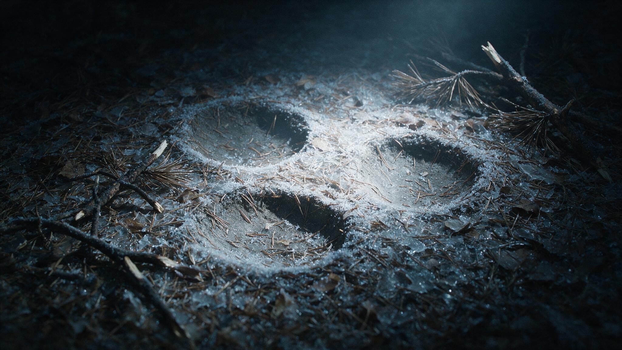 A shallow triangular impression in frozen forest ground at night, broken pine branches, cold torchlight, photorealistic (AI-generated image)