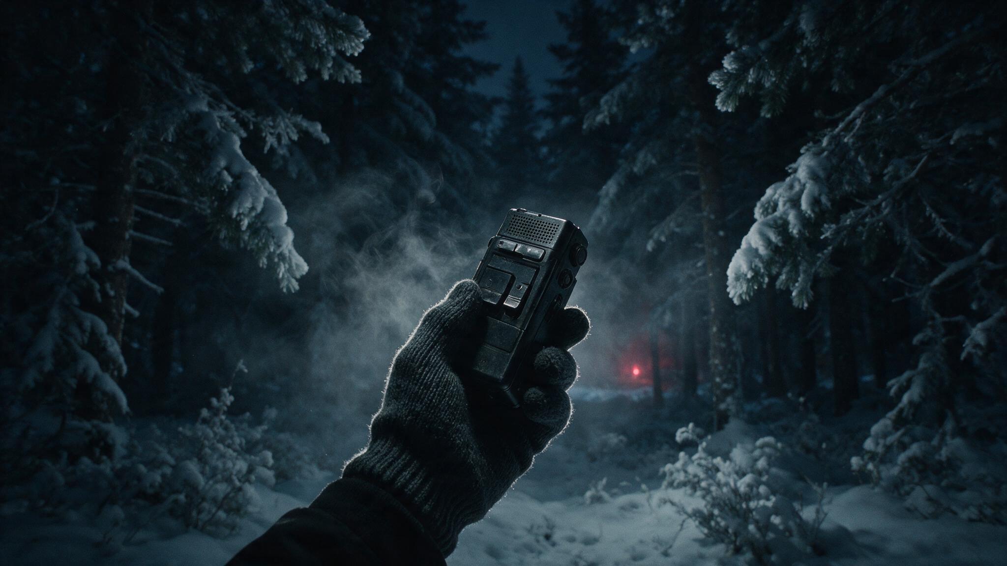 A gloved hand holding an old micro-cassette recorder in a dark forest, cold breath fog, faint red glow among distant trees, photorealistic (AI-generated image)