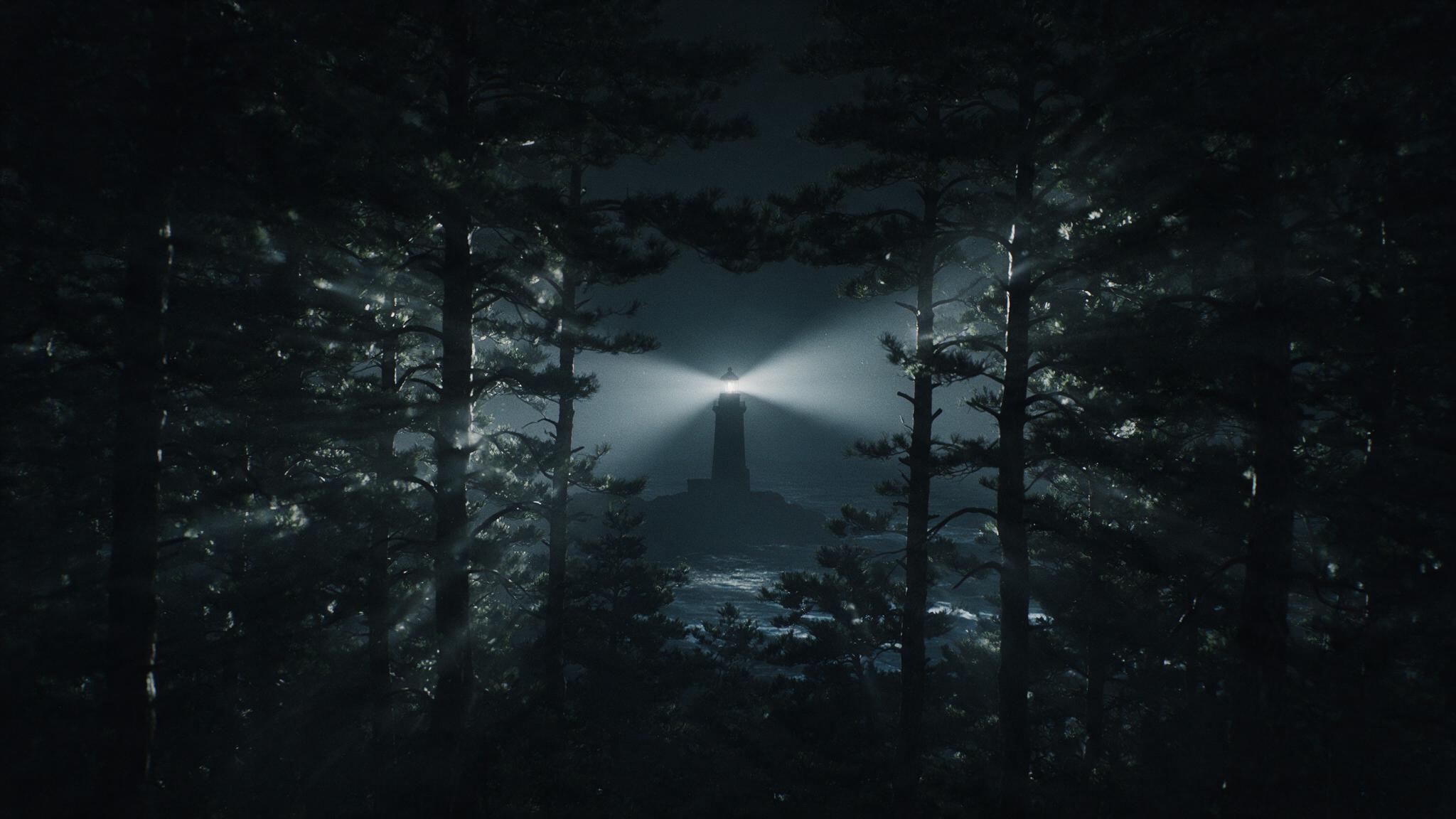 A distant coastal lighthouse beam sweeping across a dark night sky over the sea, cold and lonely, seen through the silhouettes of pine trees, photorealistic (AI-generated image)