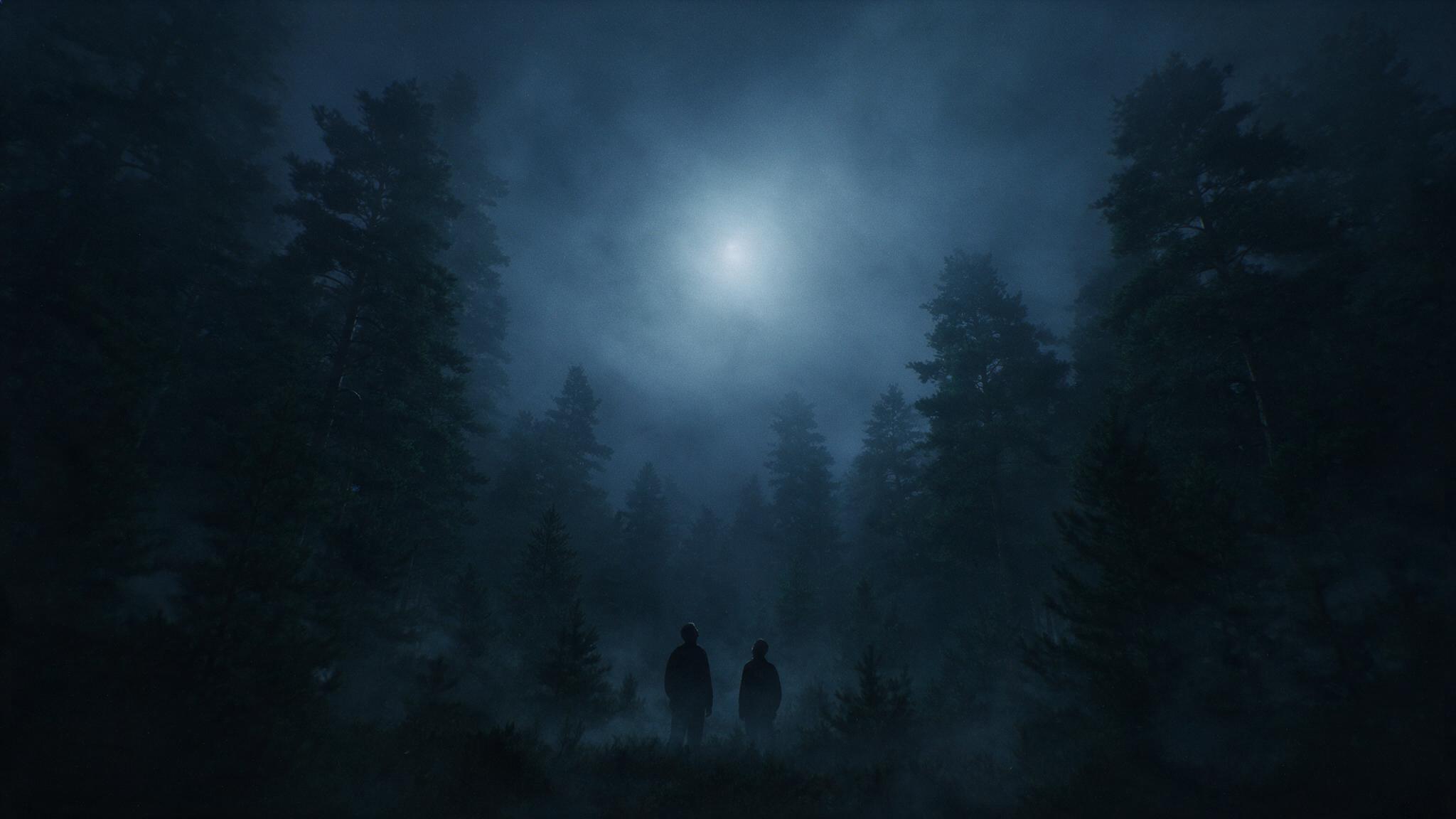 Two small silhouetted figures standing among tall dark pines, looking up toward a faint glow in the night sky, faces not visible, photorealistic (AI-generated image)