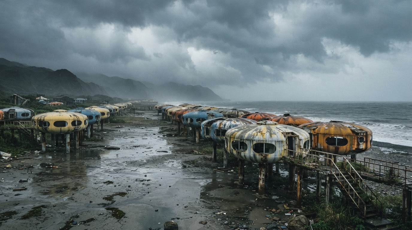 Distant view of an abandoned complex of spaceship-shaped, brightly colored pod houses on Taiwan's Sanzhi coast under an overcast typhoon sky (AI-generated image)