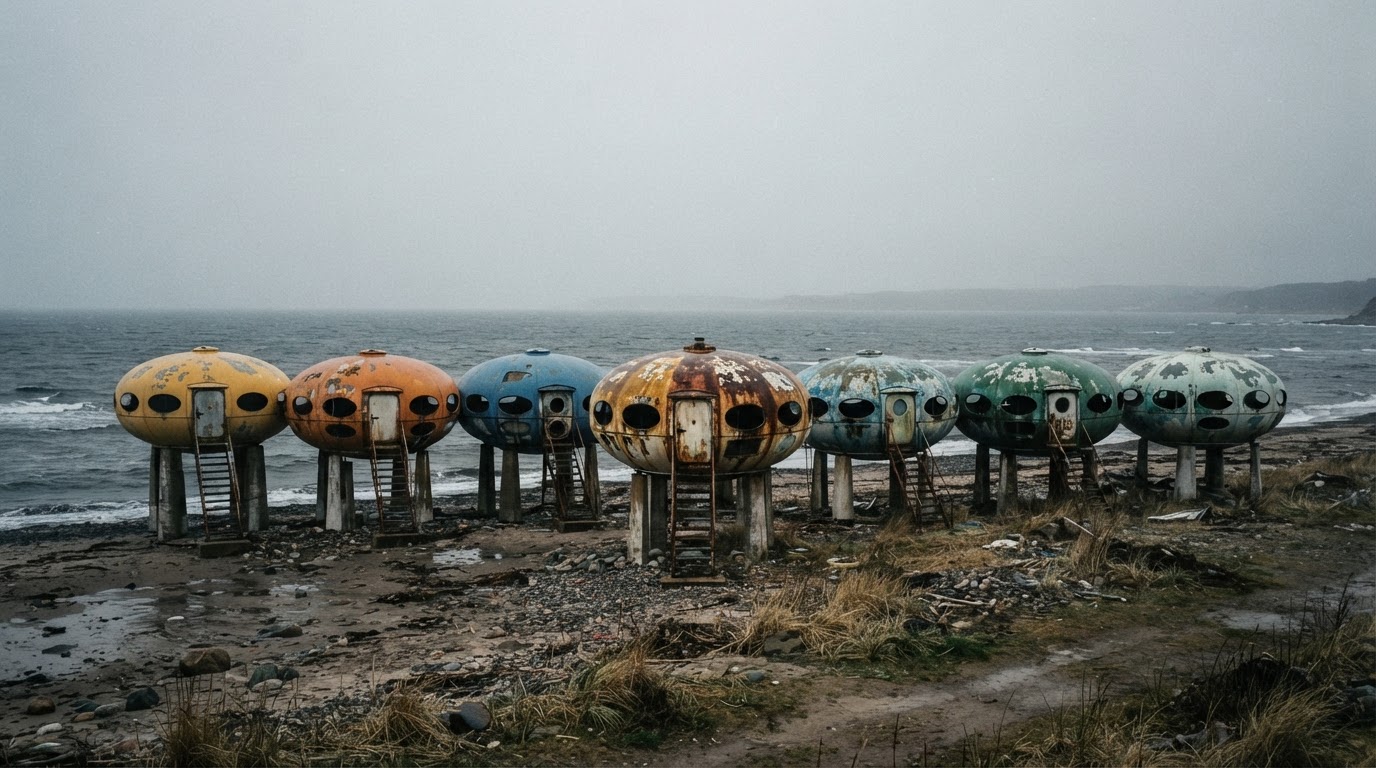 A row of round capsule-shaped UFO villas facing the sea, brightly colored bodies raised on pillars, grey sky (AI-generated image)