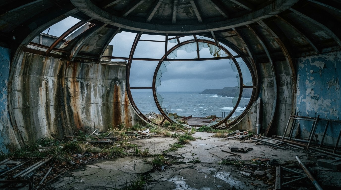 Interior of a half-built UFO villa left as bare frame, peeling paint and broken windows, weeds growing through concrete (AI-generated image)