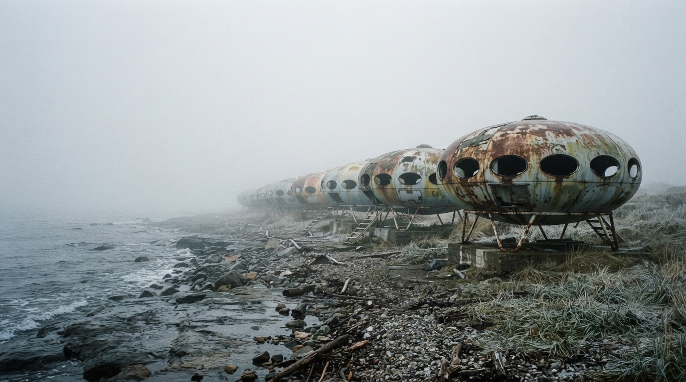 An abandoned UFO villa complex on a misty coast, rusted and faded capsules lined up like ghosts (AI-generated image)