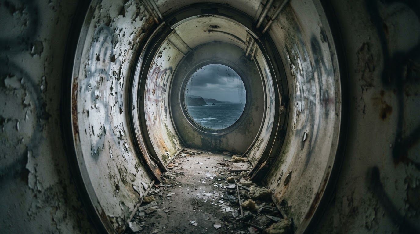 An urban explorer's view down a UFO villa corridor, peeling paint and traces of graffiti, the grey sea visible through a window (AI-generated image)