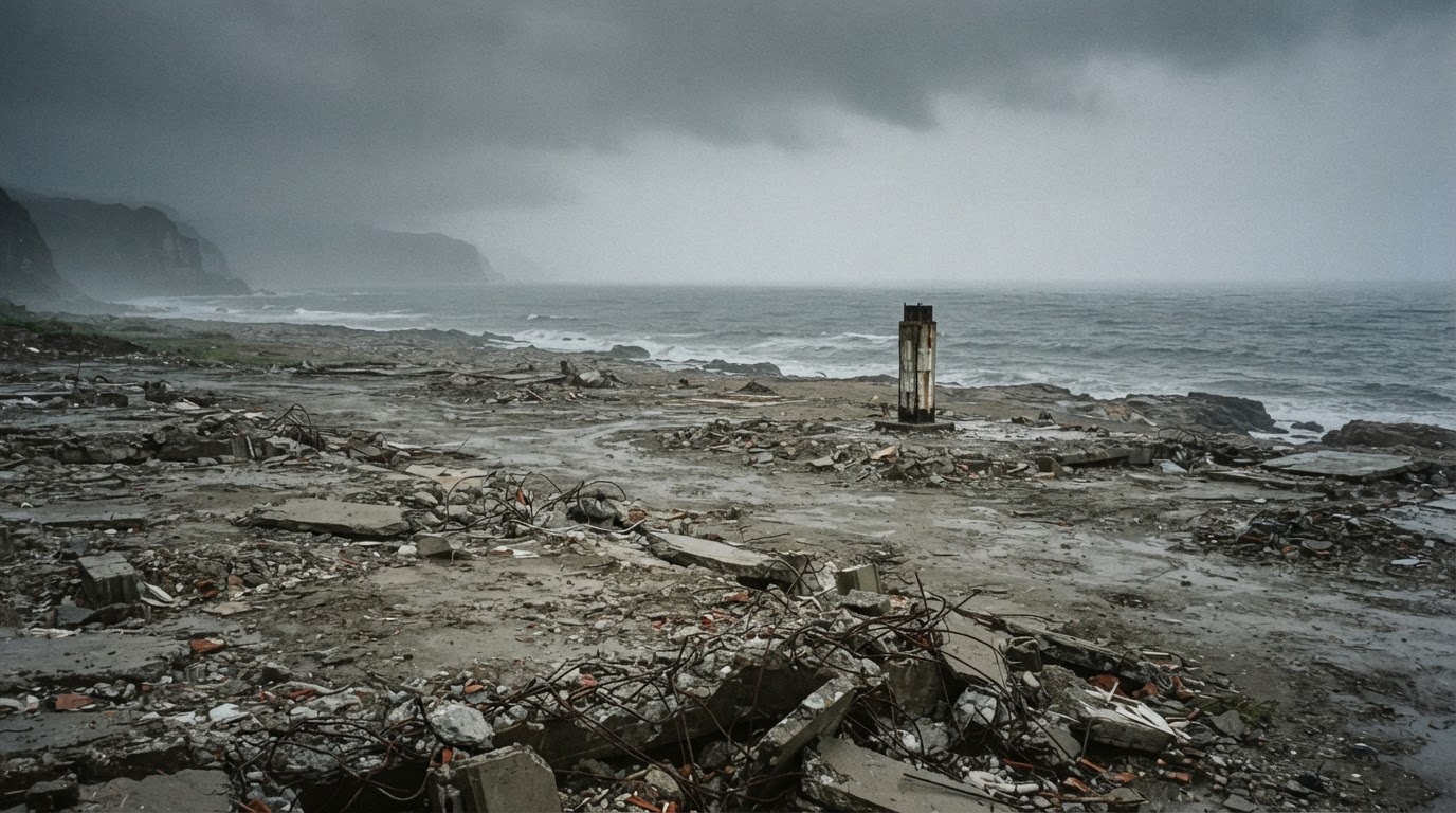 A demolished site with only debris left, broken slabs of concrete and an empty shore under a cloudy sky (AI-generated image)