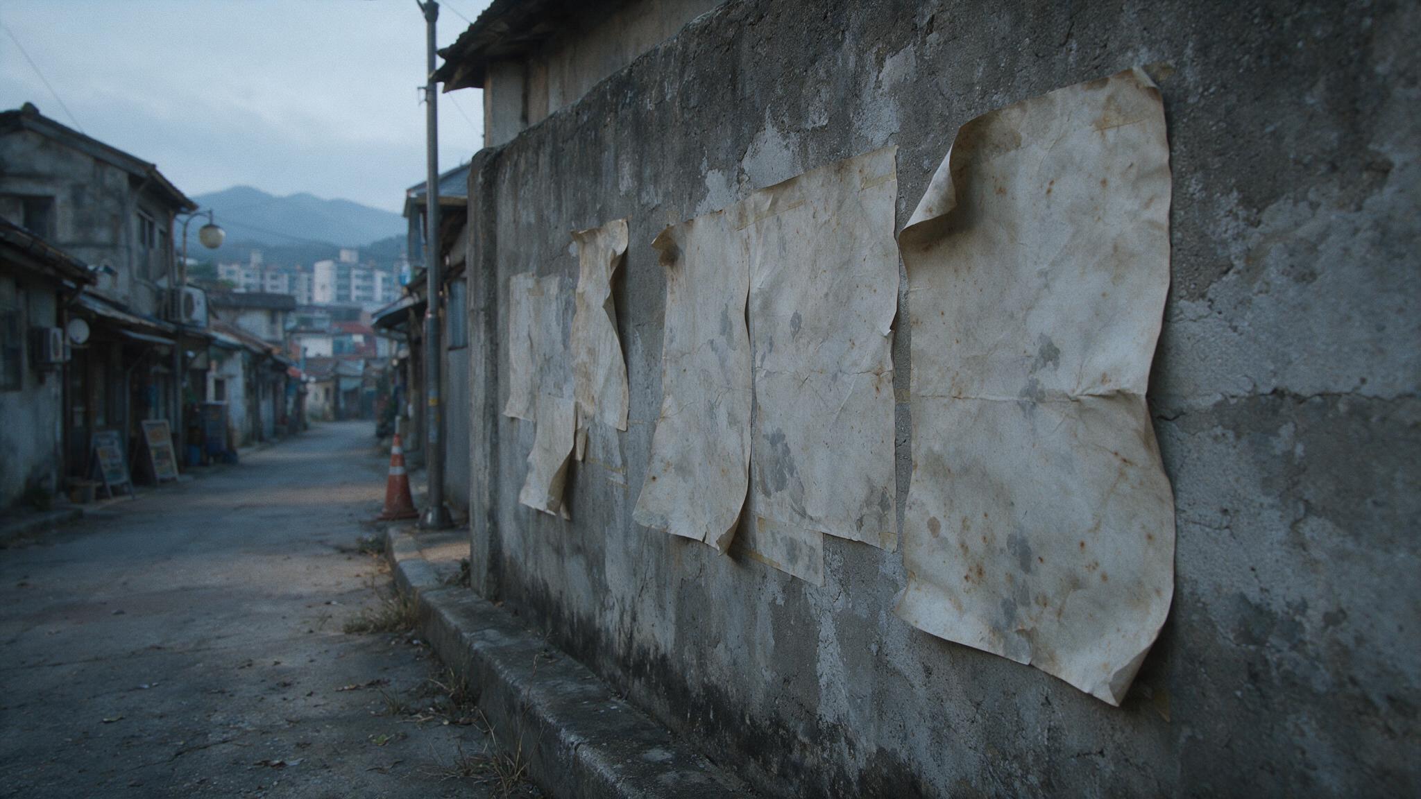바람에 나부끼는 낡은 수배 전단 여러 장, 글자 없이 흐릿한 인물 실루엣만, 거리 벽면 (AI 생성 이미지)