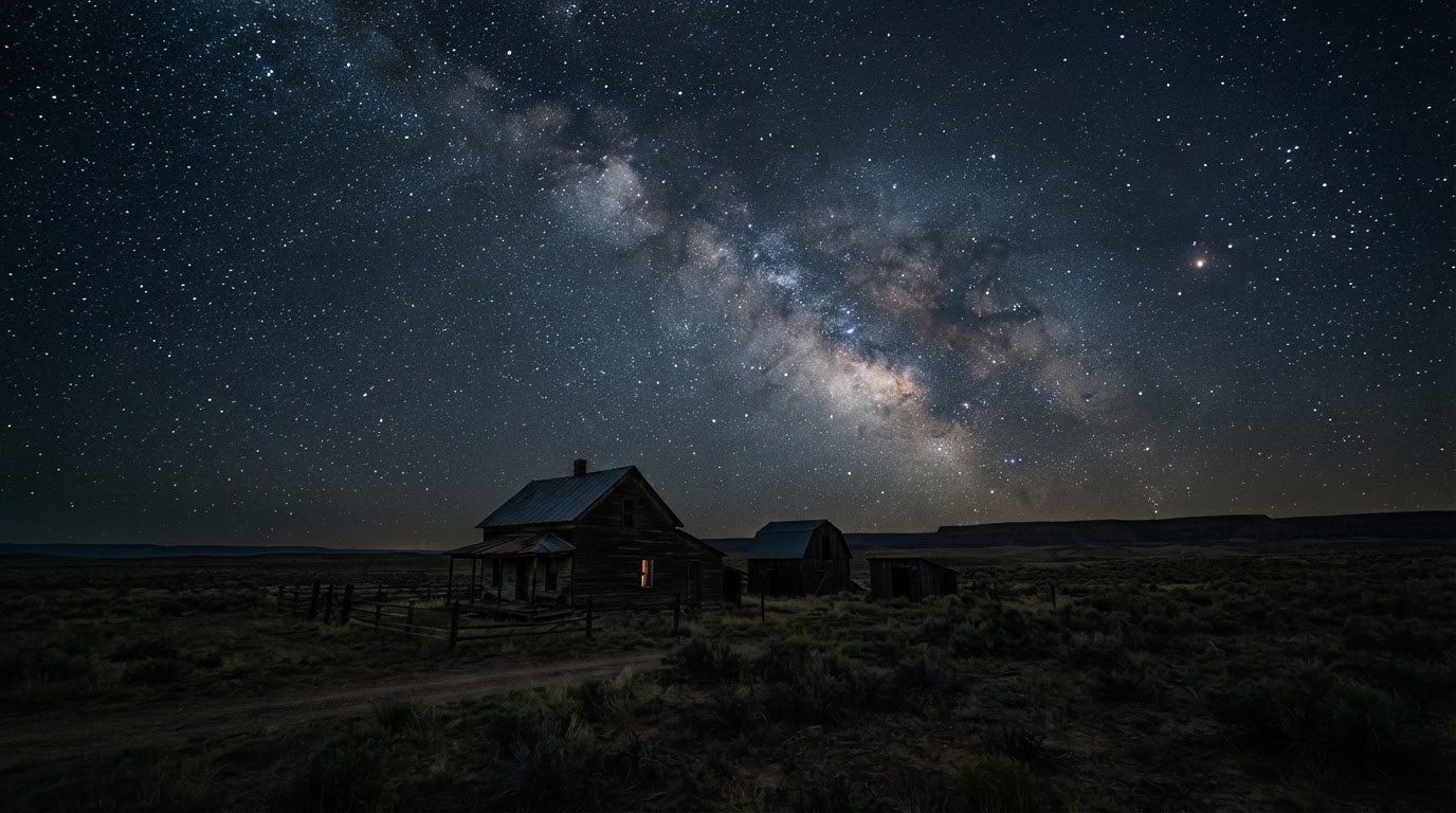 A remote Utah ranch homestead standing alone under a vast, star-filled night sky (AI-generated image)