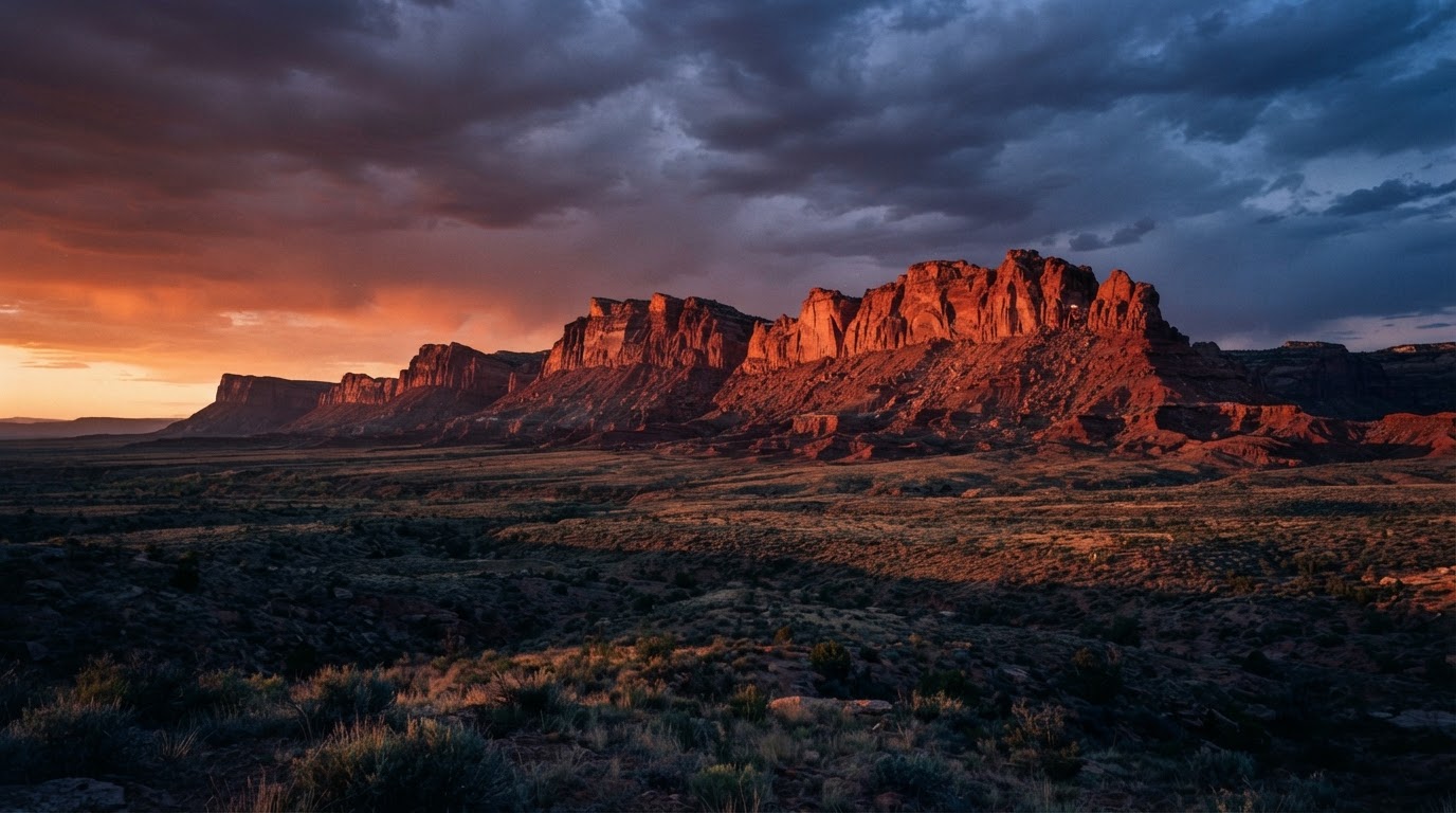 A red mesa ridgeline glowing at dusk over empty high-desert country (AI-generated image)