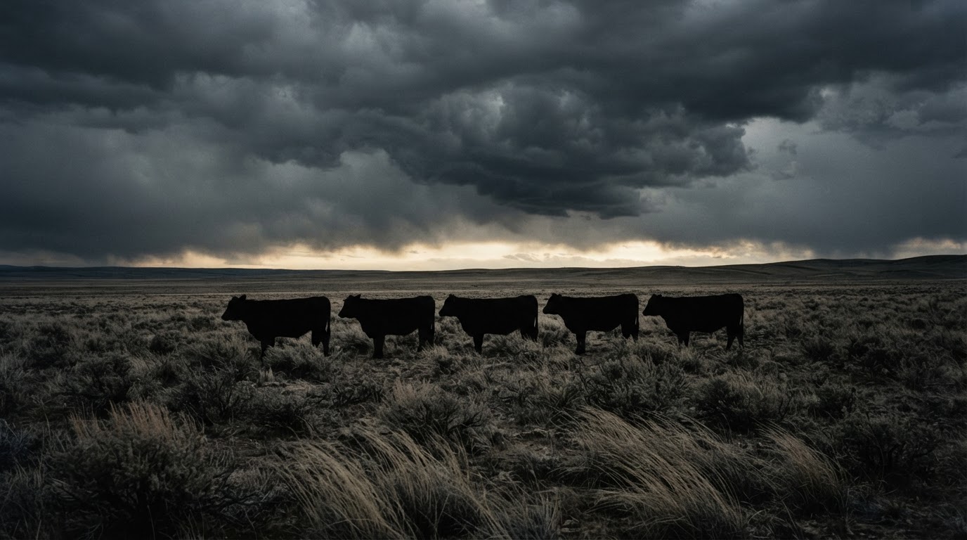Silhouettes of cattle standing motionless under a heavy, brooding storm sky (AI-generated image)