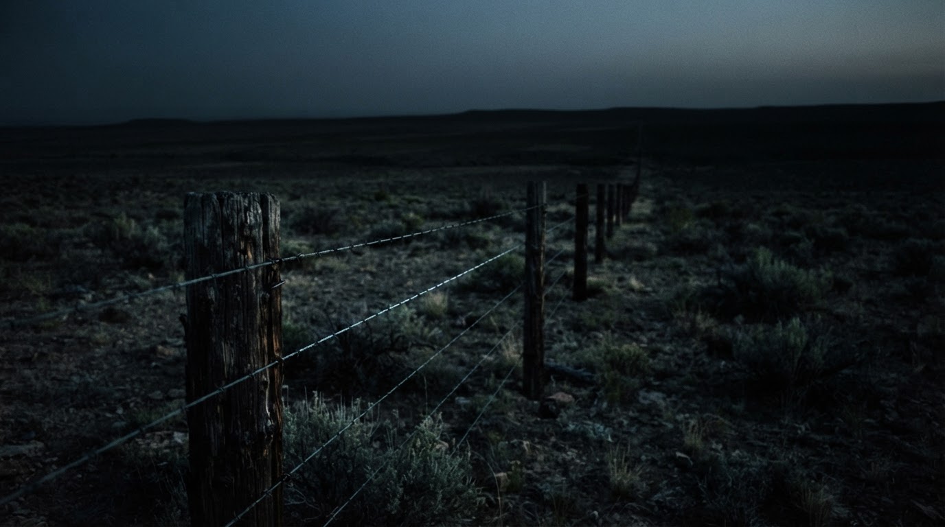 A barbed-wire fence line running out of the frame into deepening darkness (AI-generated image)