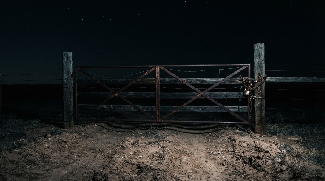 An old ranch gate standing shut at night, the land beyond it swallowed in black (AI-generated image)