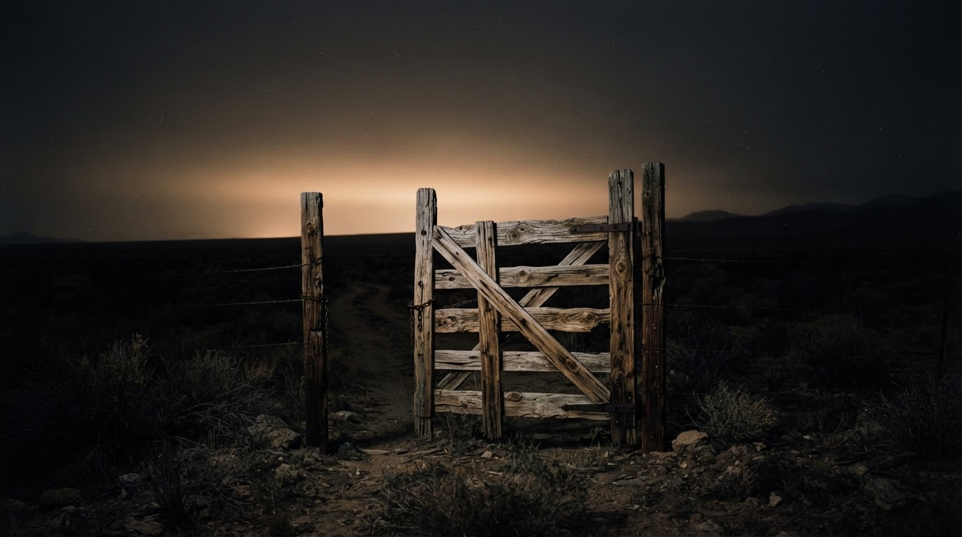 A weathered wooden ranch gate silhouetted against a faint, uneasy glow on the horizon (AI-generated image)