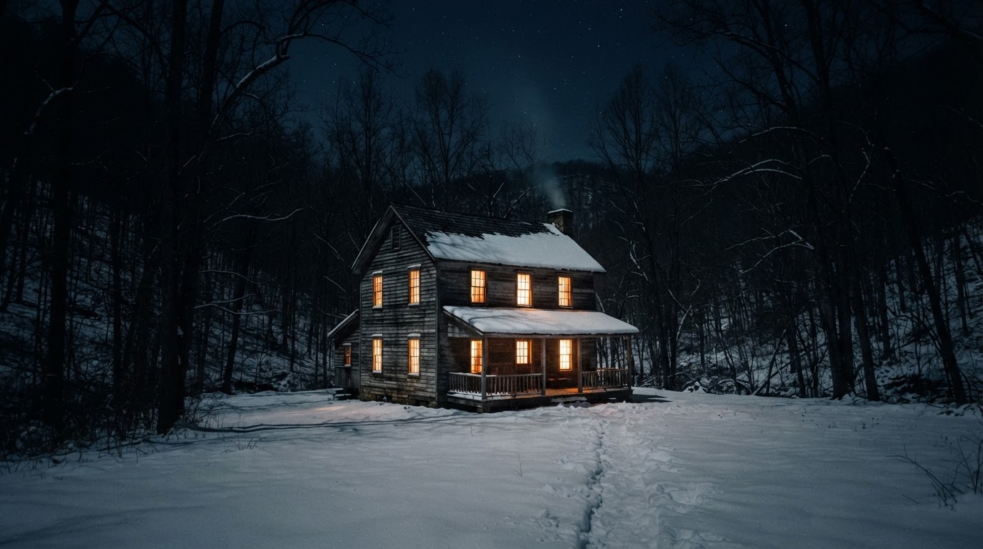 A snow-covered wooden farmhouse at night in the West Virginia hills, warm windows glowing, 1945 winter atmosphere (AI-generated image)