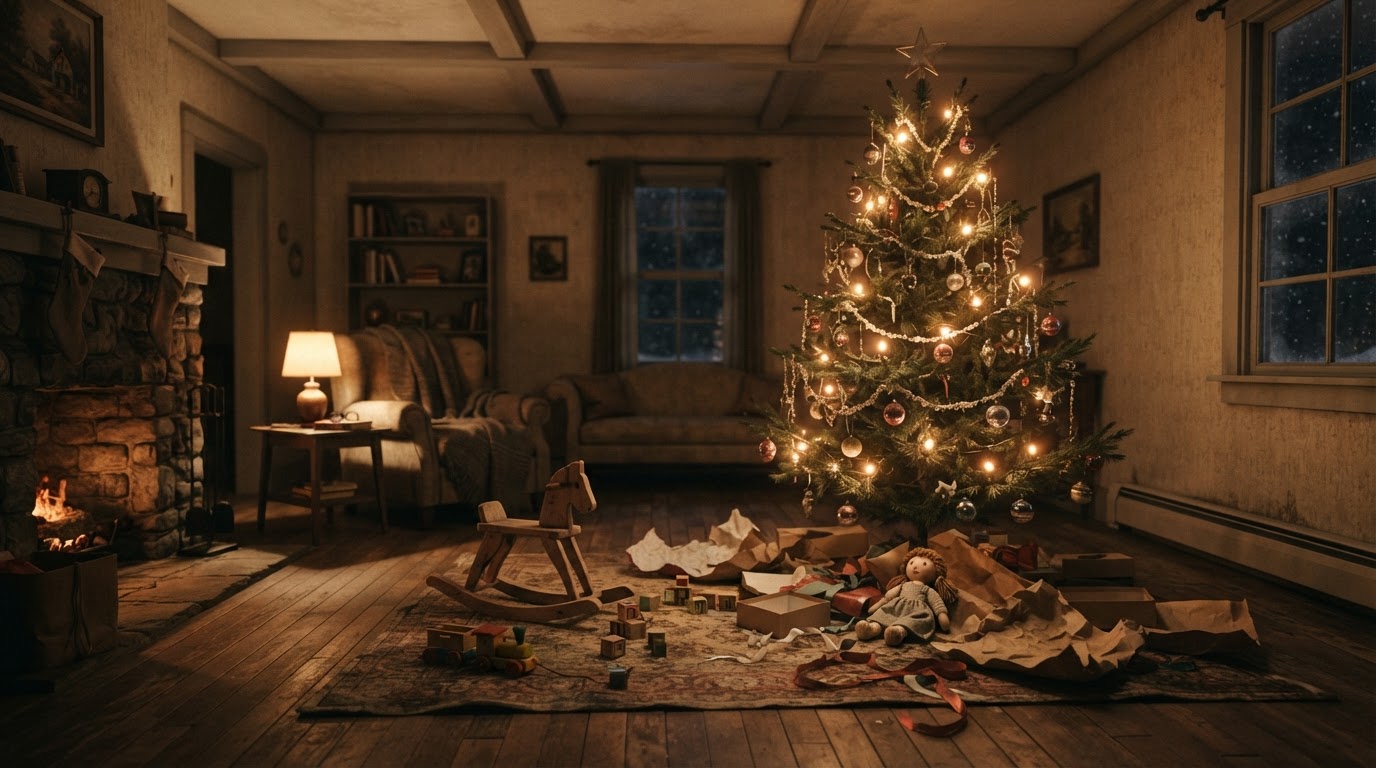 A vintage 1940s living room decorated for Christmas, children's toys scattered near a tree, lamplight (AI-generated image)