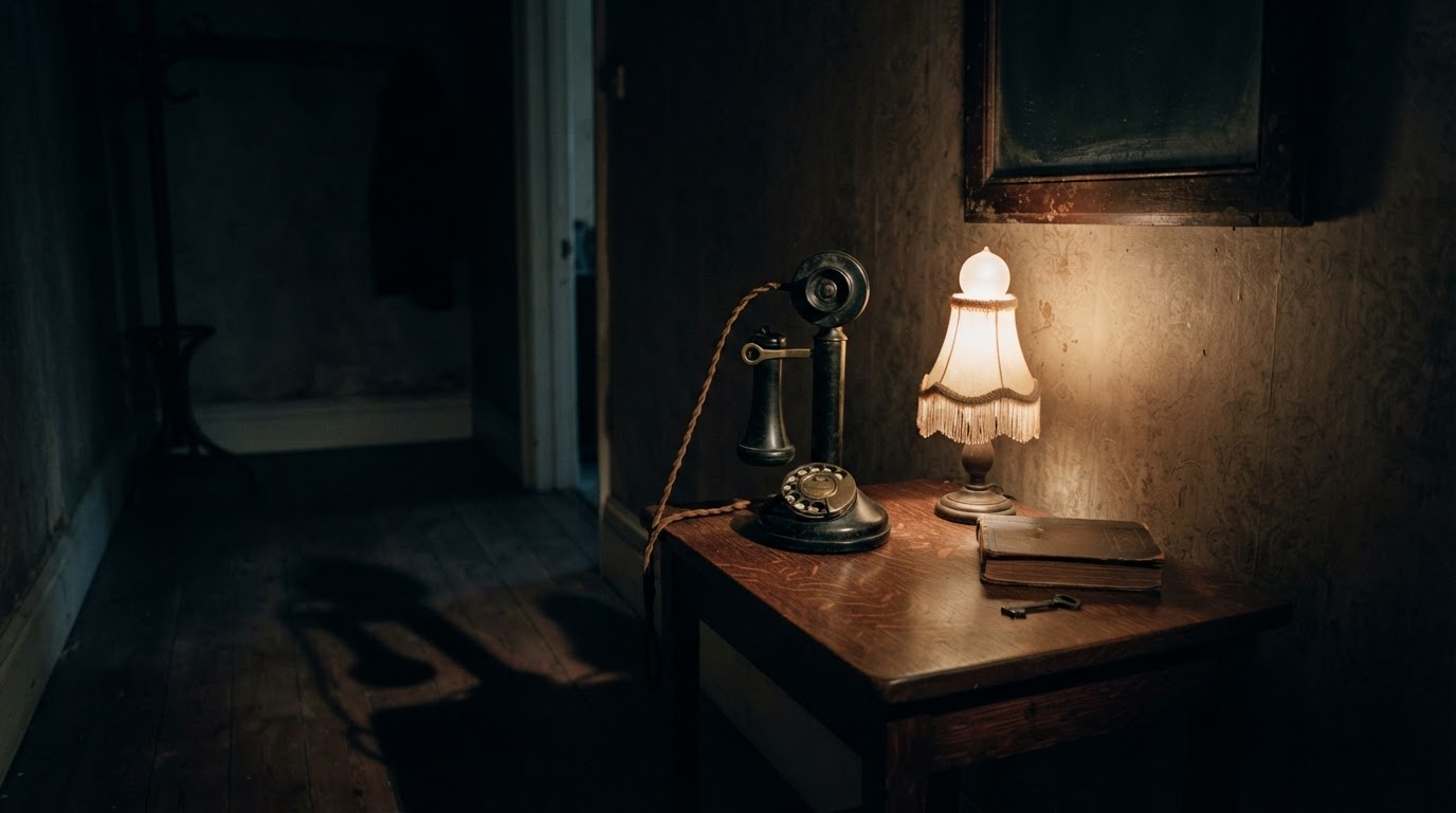 An old black rotary telephone on a small table, dim hallway at night, unsettling mood (AI-generated image)