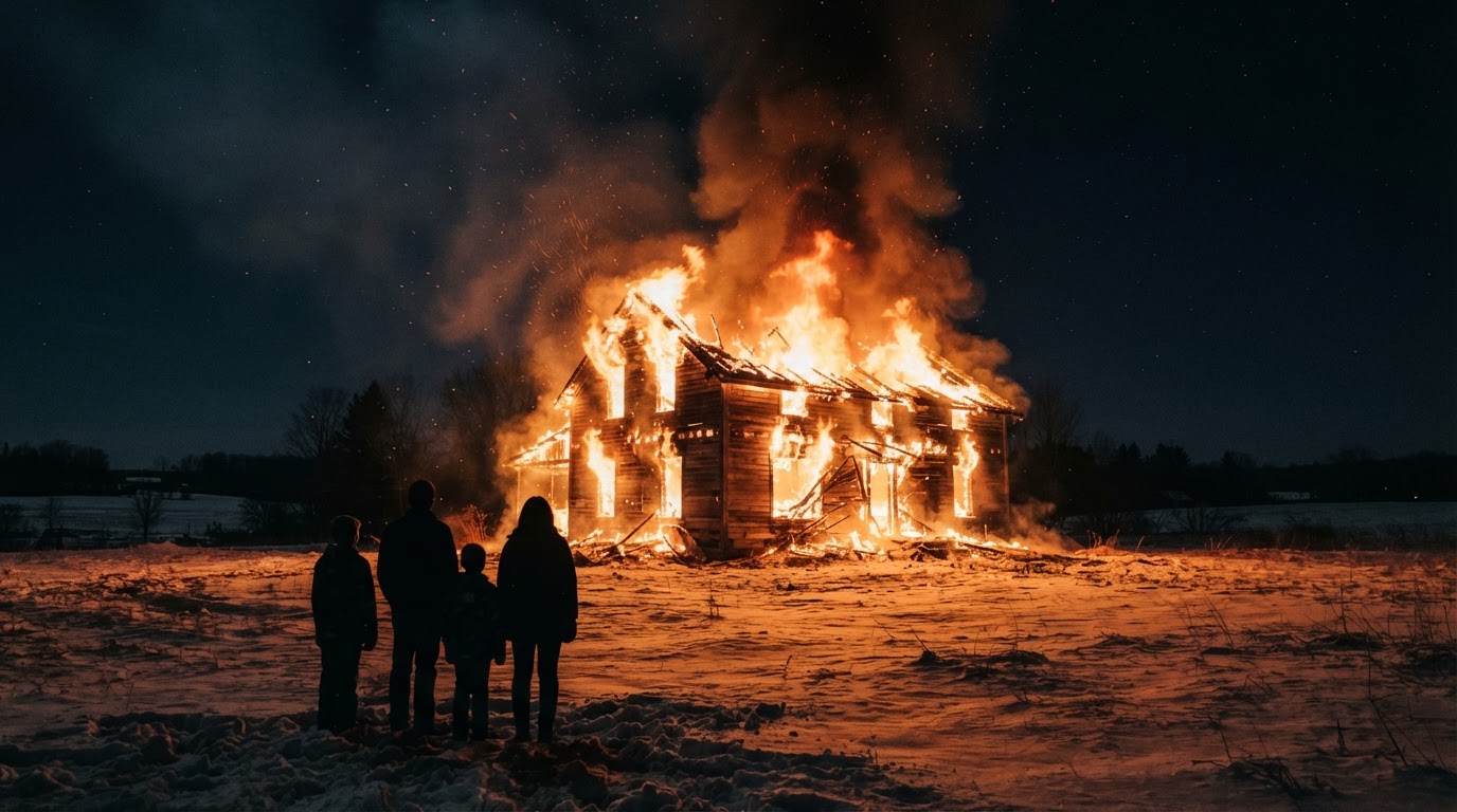 A wooden house engulfed in flames at night, snow on the ground, silhouettes of people watching helplessly (AI-generated image)